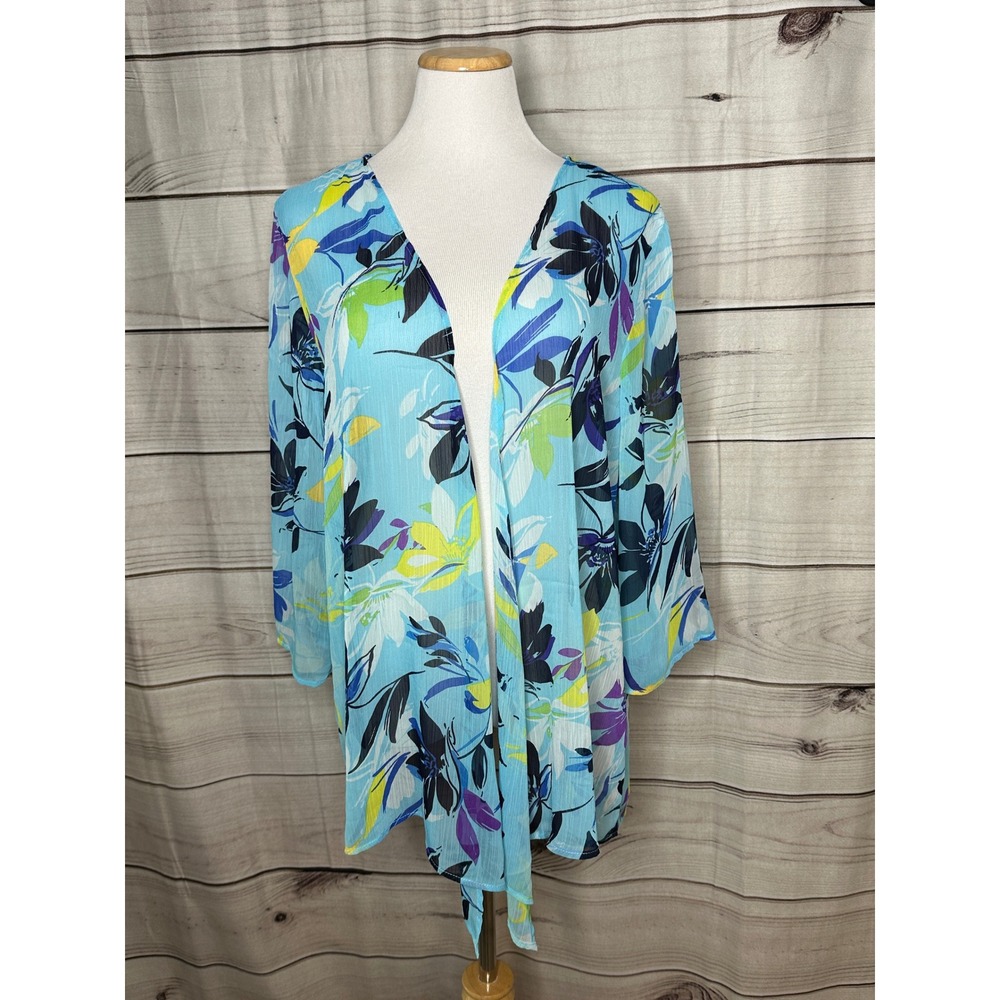 BonWorth Kimono Cardigan Womens L Blue‎ Floral Sheer Chiffon Tie Front Lightwt